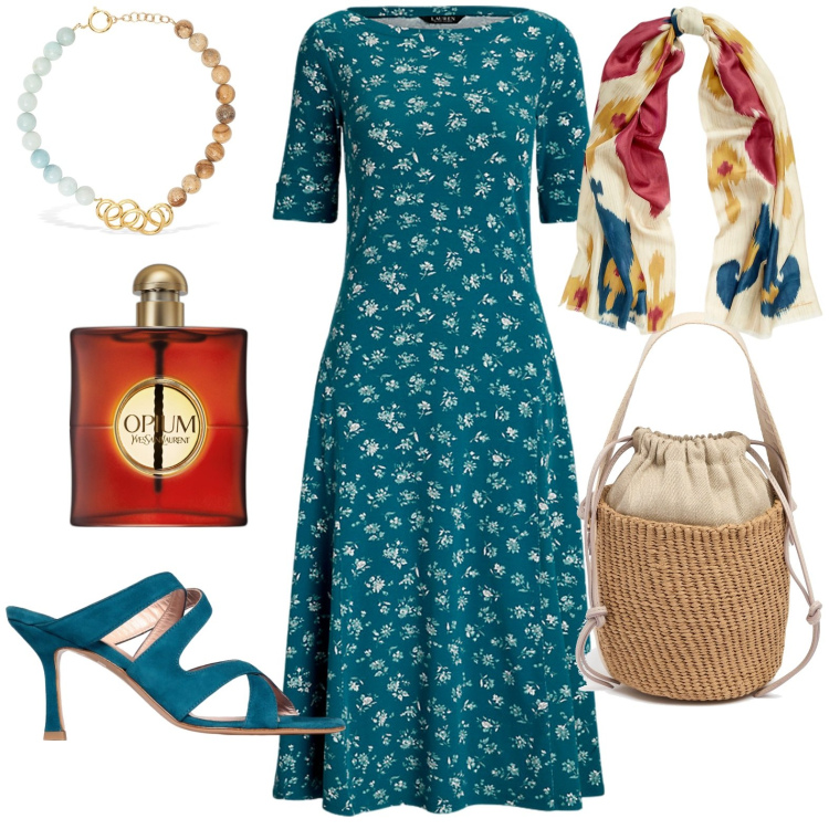 Outfit donna - Total look #1917255. Stile Chic per Serata fuori. Abbinamento con profumi, vestiti, foulard, sandali col tacco, borse a secchiello, collane.