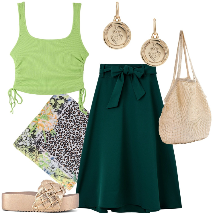 Outfit donna - Total look #1917257. Stile Casual per Tutti i giorni. Abbinamento con top, gonne lunghe, borse a spalla, orecchini, sciarpe, sandali.