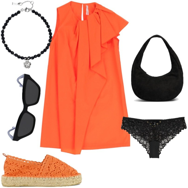 Outfit donna - Abito arancione con volant. Stile Casual chic per Tutti i giorni. Abbinamento con culotte, braccialetti, vestiti corti, espadrillas, borse a spalla, occhiali da sole.