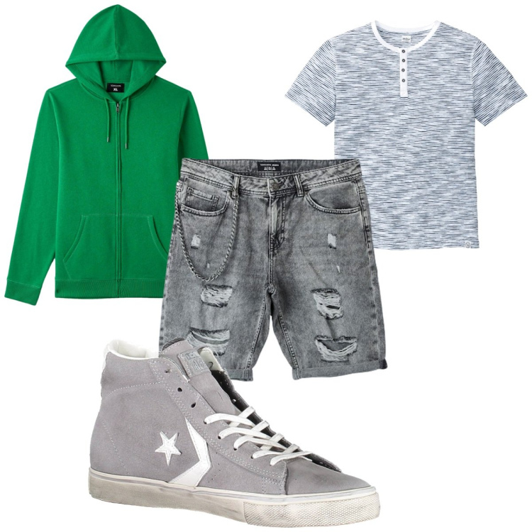 Outfit uomo - Total look #1917277. Stile Trendy per Tutti i giorni. Abbinamento con maglieria, felpe con cappuccio, bermuda, scarpe sportive.