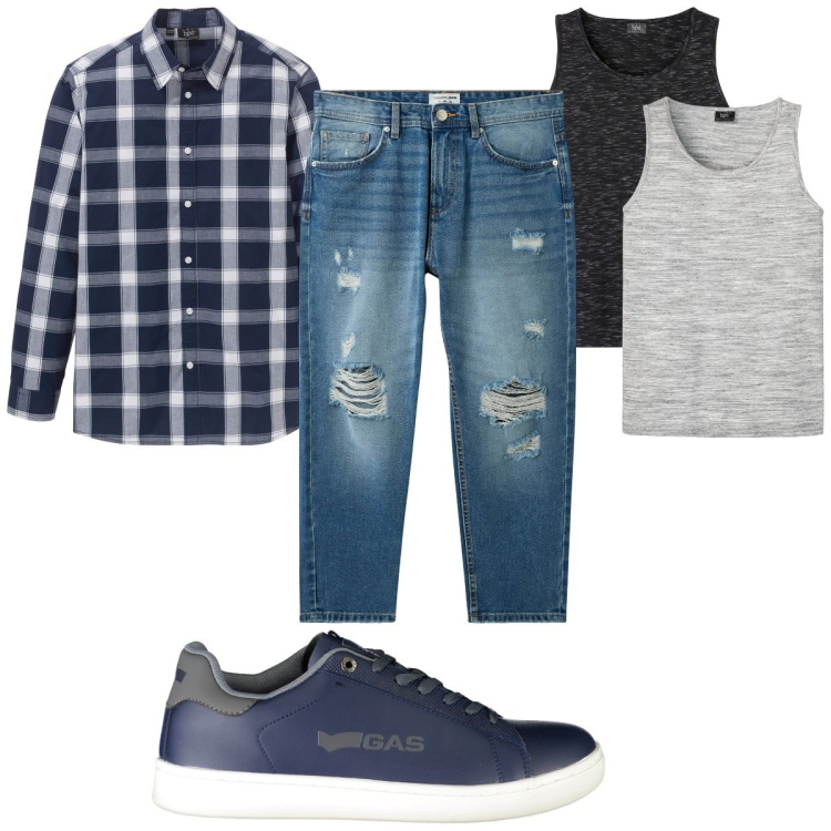 Outfit uomo - Total look #1917278. Stile Trendy per Tutti i giorni. Abbinamento con camicie, canottiere, jeans strappati, sneakers.
