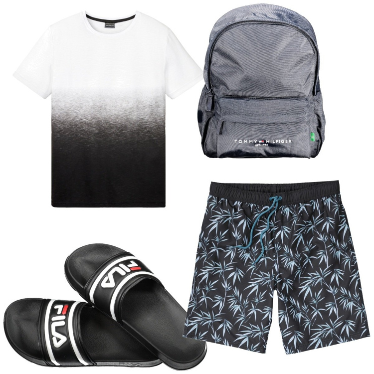 Outfit uomo - Total look #1917279. Stile Trendy per Tutti i giorni. Abbinamento con t-shirt, pantaloni corti, borse sportive, sandali.