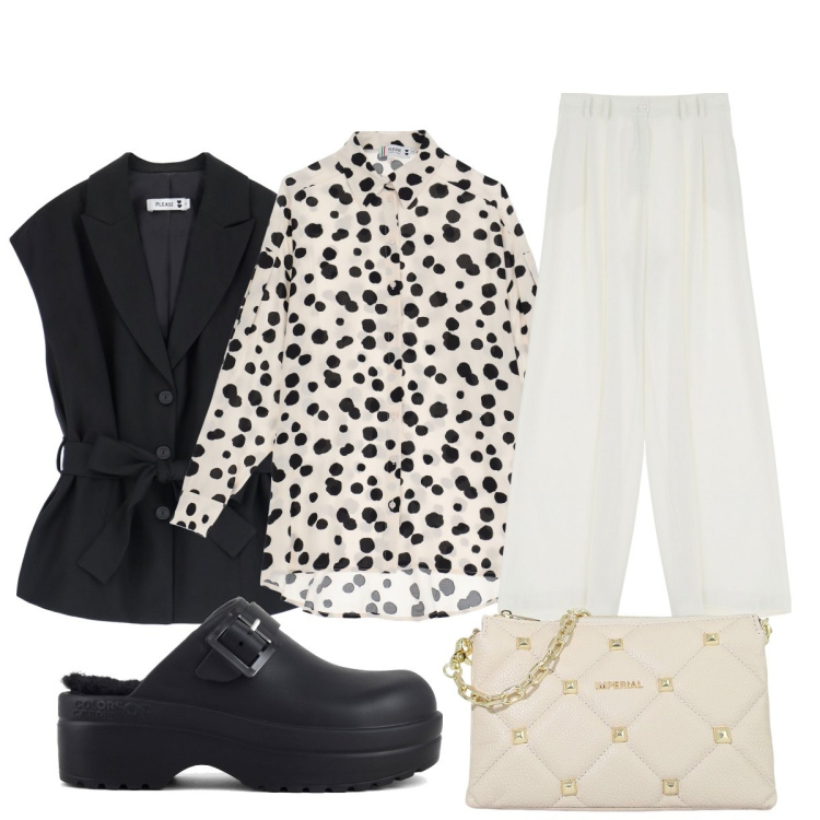 Outfit donna - Total look #1917283. Stile Casual chic per Tutti i giorni. Abbinamento con pantaloni a palazzo, camicie, gilet, pochette, sandali.