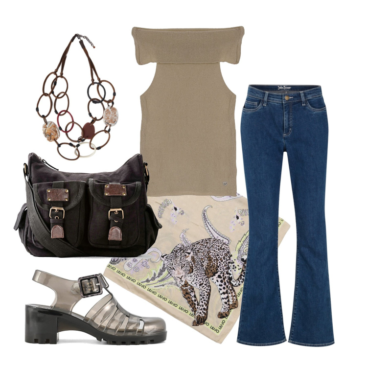 Outfit donna - Ghost outfitter - luglio. Stile Trendy per Tutti i giorni. Abbinamento con jeans bootcut, borse a tracolla, top, sandali col tacco, sciarpe, collane.
