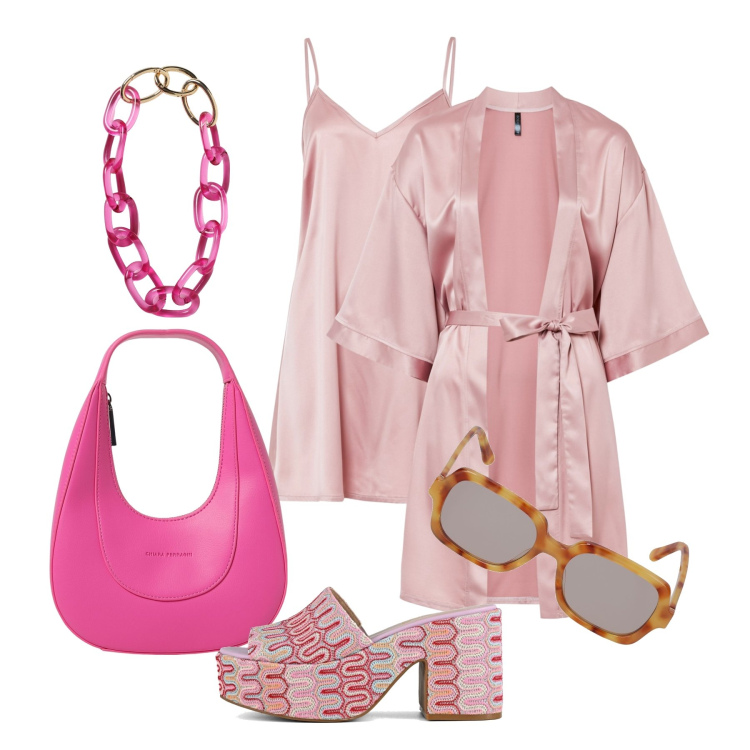 Outfit donna - Ghost outfitter - luglio. Stile Glamour per Tutti i giorni. Abbinamento con kimono, sabot, collane, tute, occhiali da sole, borse a spalla.