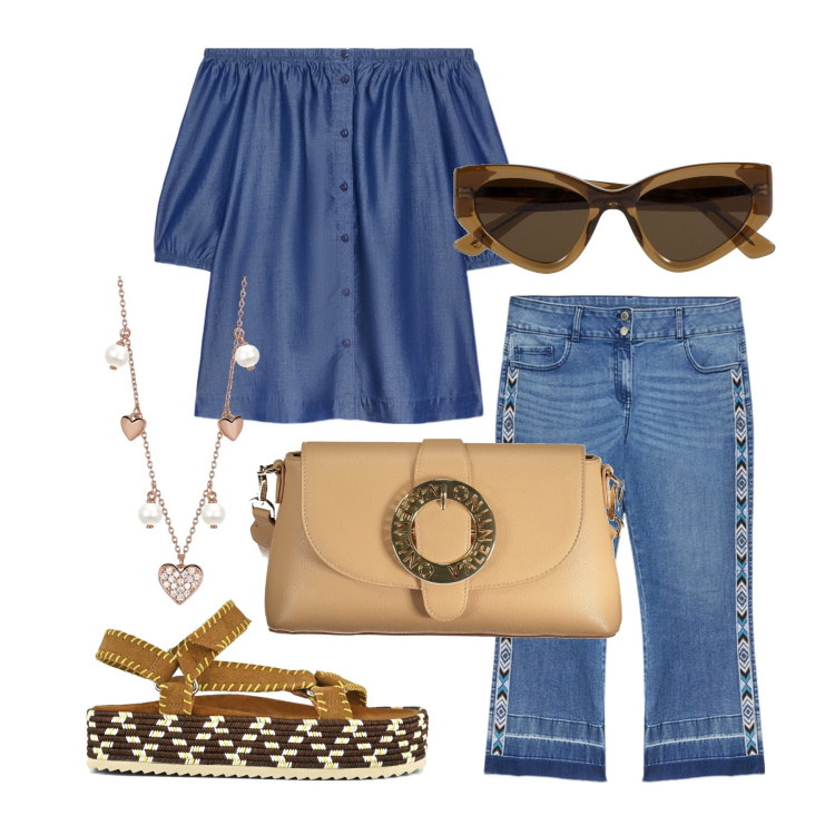 Outfit donna - Ghost outfitter - luglio. Stile Trendy per Tutti i giorni. Abbinamento con collane, sandali, bluse, jeans a zampa, borse a spalla, occhiali da sole.