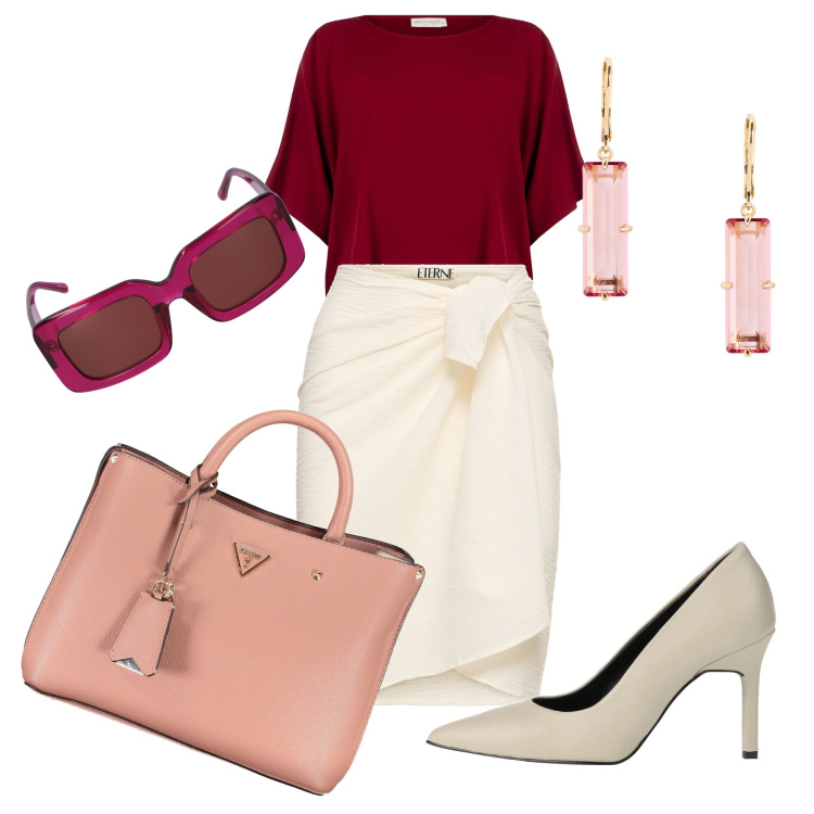 Outfit donna - La blusa Amarena. Stile Bon Ton per Cerimonia. Abbinamento con décolleté, bluse, orecchini, minigonne, occhiali da sole, collane.