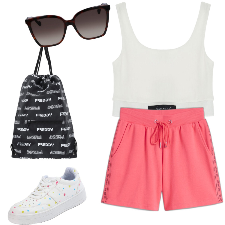 Outfit donna - Fitness domenicale. Stile Sporty chic per Sport. Abbinamento con shorts, sneakers, top, zaini, occhiali da sole.