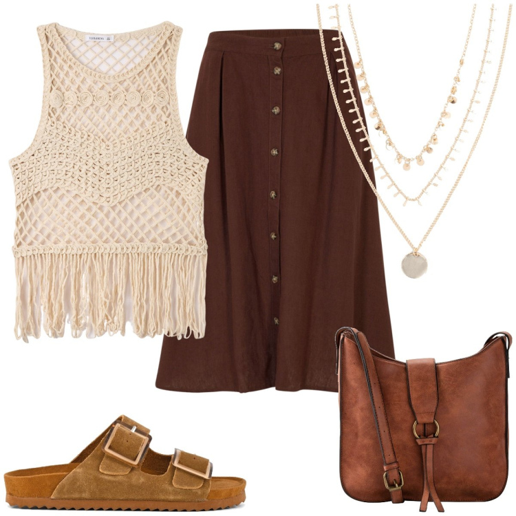 Outfit donna - Total look #1917322. Stile Boho per Tutti i giorni. Abbinamento con borse a tracolla, collane, gonne longuette, top, sandali.