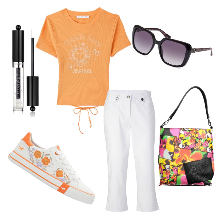 Outfit donna - Giornata dedicata allo shopping. Stile Casual per Tutti i giorni. Abbinamento con sneakers, pantaloni capri, gloss, t-shirt, borse a spalla, occhiali da sole.