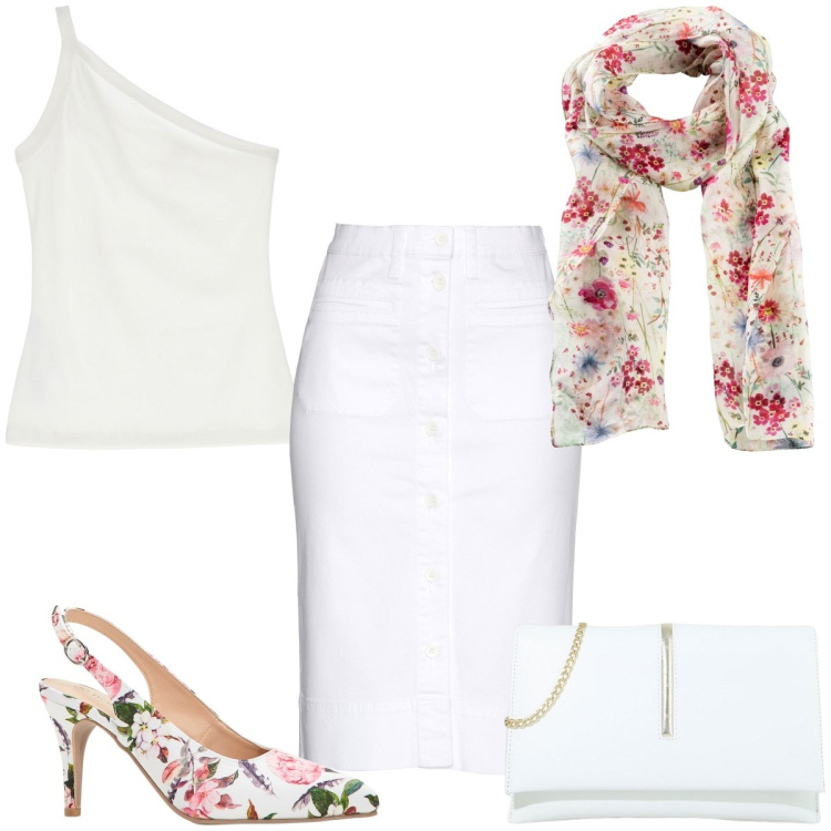 Outfit donna - Total look #1917330. Stile Romantica per Serata fuori. Abbinamento con foulard, gonne, décolleté, top, pochette.