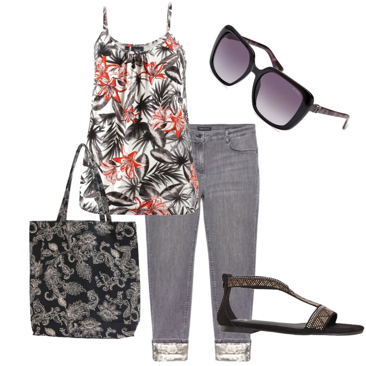 Outfit donna - Il top jungle. Stile Boho per Tutti i giorni. Abbinamento con top, sandali, shopping bag, jeans skinny, occhiali da sole.