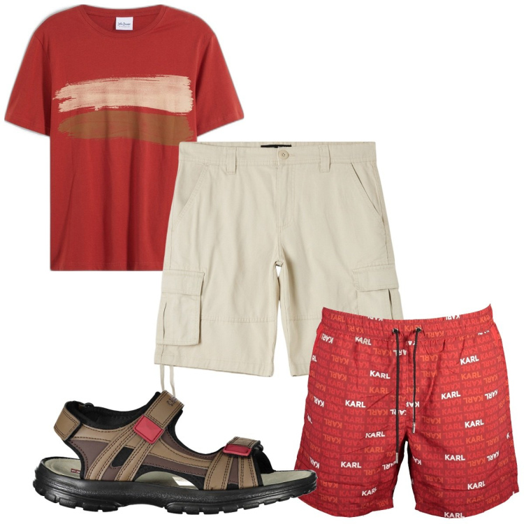 Outfit uomo - Total look #1917345. Stile Trendy per Mare. Abbinamento con t-shirt, pantaloni corti, sandali, costumi.