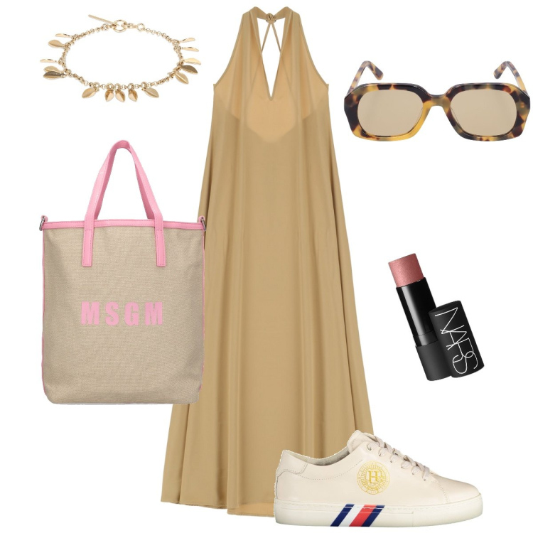 Outfit donna - Il vestito con le sneakers. Stile Casual chic per Tutti i giorni. Abbinamento con blush, vestiti lunghi, shopping bag, sneakers, occhiali da sole, braccialetti.