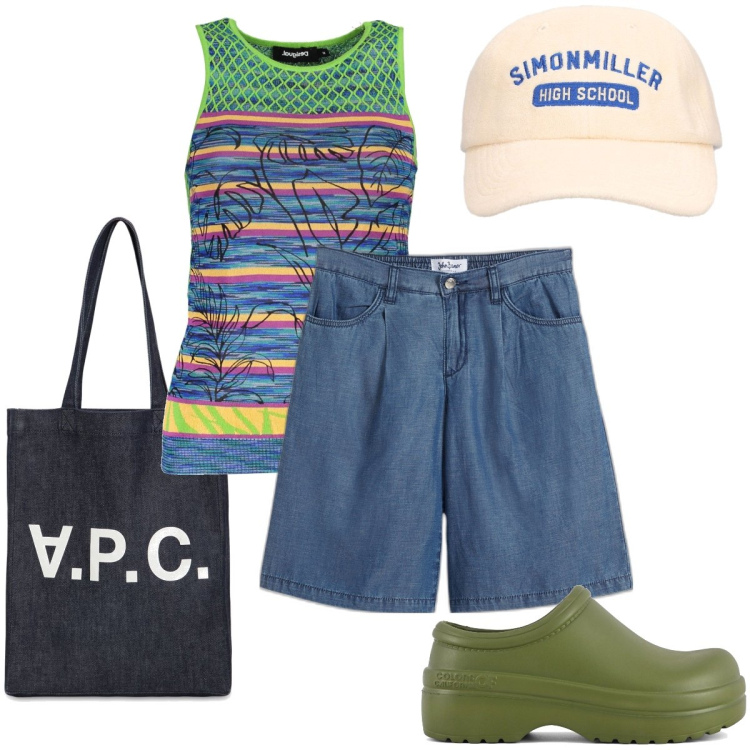 Outfit donna - Le bermuda in jeans. Stile Basic per Mare. Abbinamento con bermuda, zoccoli, canottiere, shopping bag, cappelli.