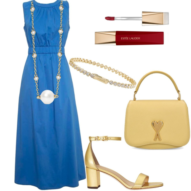 Outfit donna - L’abito azzurro. Stile Bon Ton per Cerimonia. Abbinamento con rossetti, braccialetti, collane, sandali in pelle, borse a mano, vestiti lunghi.