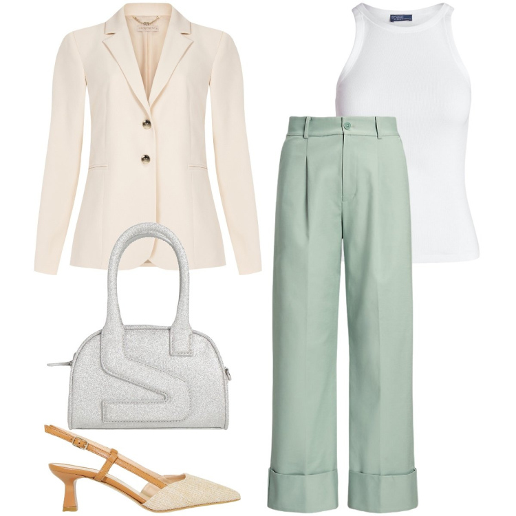 Outfit donna - La borsa glitterata. Stile Chic per Cerimonia. Abbinamento con borse a mano, blazer, sandali col tacco, canottiere, pantaloni.