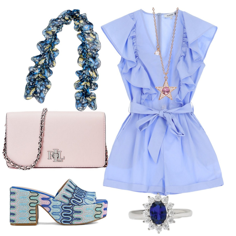 Outfit donna - Serata estiva. Stile Trendy per Serata fuori. Abbinamento con anelli, collane, vestiti corti, borse a mano, sciarpe, sabot.