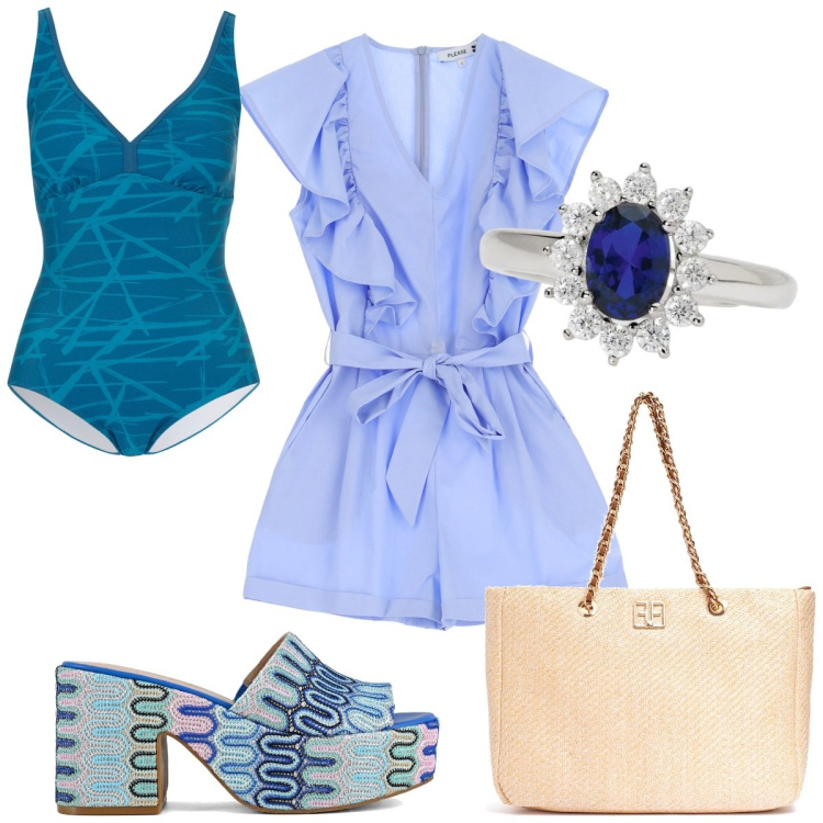 Outfit donna - Total look #1917375. Stile Trendy per Mare. Abbinamento con costumi interi, anelli, vestiti corti, borse a spalla, sabot.