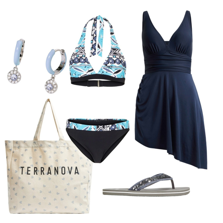 Outfit donna - Bikini colorato. Stile Boho per Mare. Abbinamento con infradito, vestiti da spiaggia, bikini, shopping bag, orecchini.