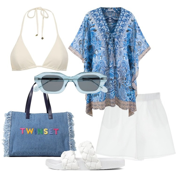 Outfit donna - Mare in libertà. Stile Trendy per Mare. Abbinamento con vestiti da spiaggia, shorts, ciabatte, borse tote, occhiali da sole, bikini.