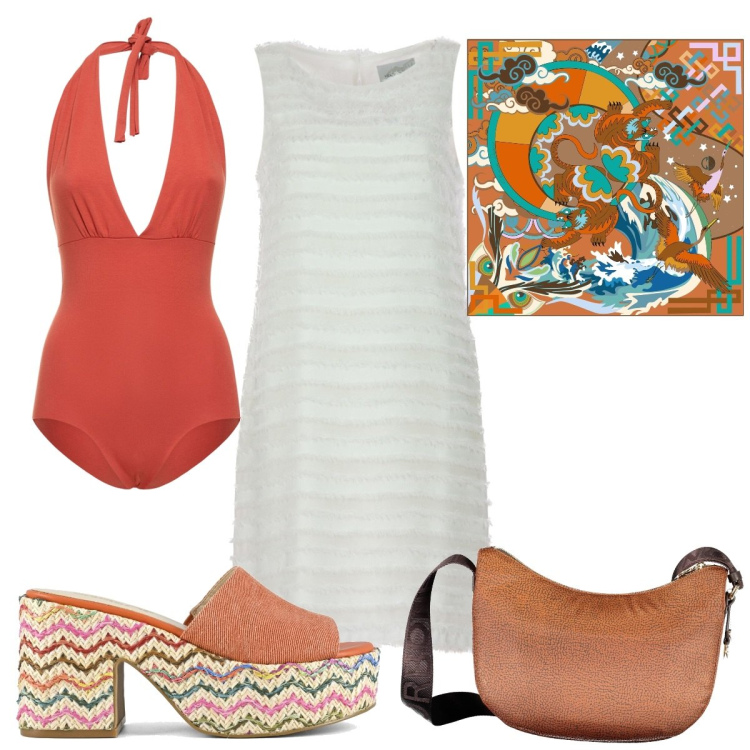 Outfit donna - Total look #1917380. Stile Trendy per Mare. Abbinamento con sandali, borse a tracolla, vestiti, costumi interi, foulard.