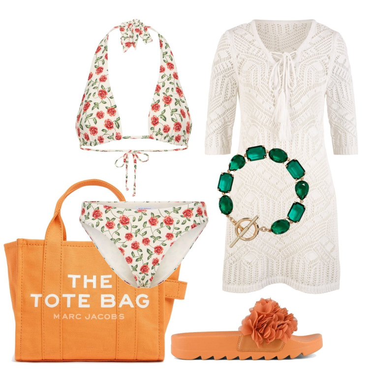 Outfit donna - Bikini colorato. Stile Boho per Mare. Abbinamento con vestiti da spiaggia, braccialetti, bikini, ciabatte, borse tote, bikini.