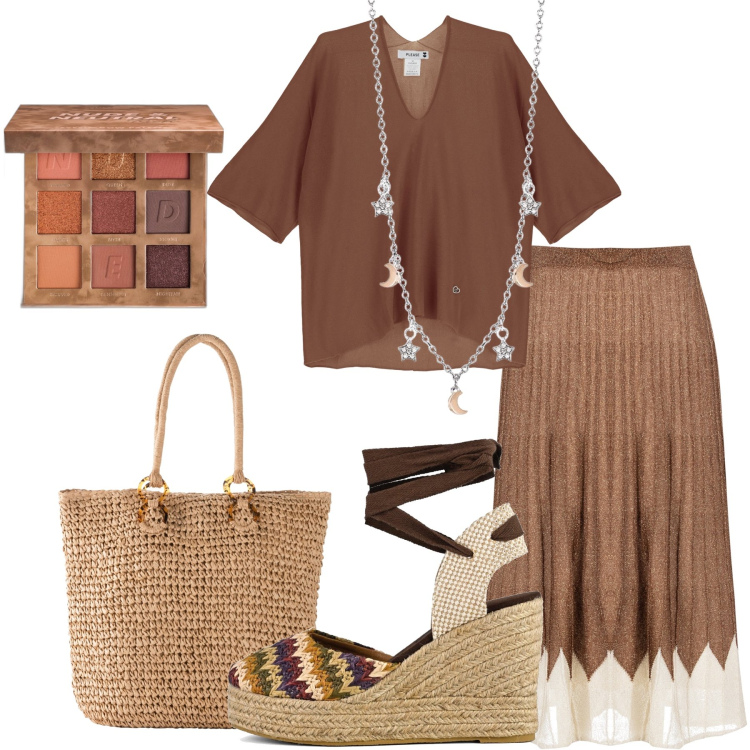 Outfit donna - Colori della terra. Stile Etnico per Tutti i giorni. Abbinamento con shopping bag, ombretti, collane, gonne longuette, maglieria, sandali col tacco.