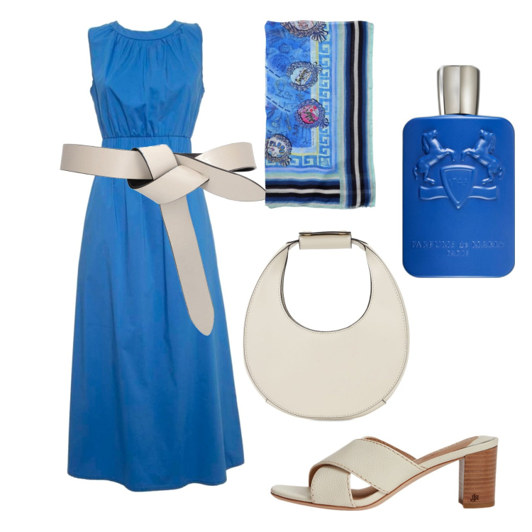 Outfit donna - Total look #1917389. Stile Casual chic per Tutti i giorni. Abbinamento con profumi, sandali in pelle, vestiti lunghi, cinture, borse a mano, sciarpe.