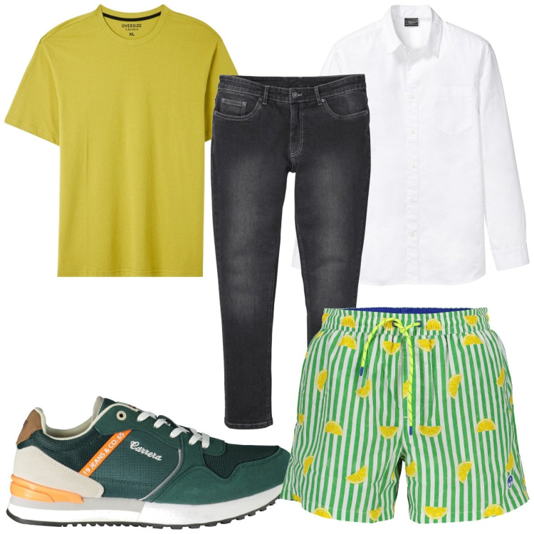 Outfit uomo - Total look #1917395. Stile Trendy per Mare. Abbinamento con camicie, jeans slim fit, t-shirt, sneakers, costumi.