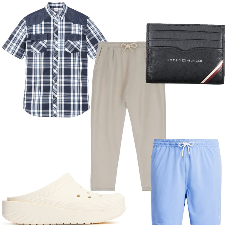 Outfit uomo - Total look #1917399. Stile Trendy per Mare. Abbinamento con camicie a manica corta, pantaloni, costumi, portafogli, sandali.