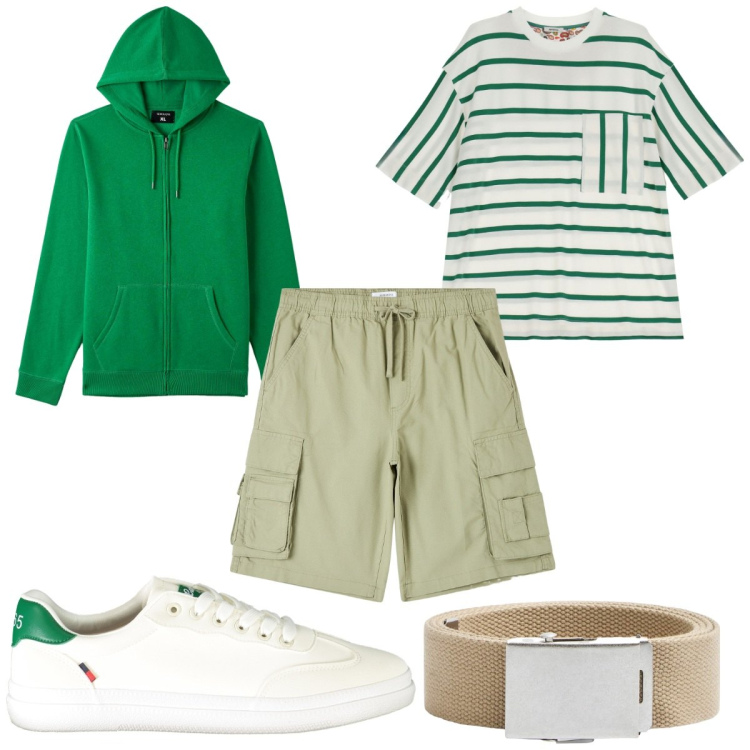 Outfit uomo - Total look #1917406. Stile Trendy per Tutti i giorni. Abbinamento con pantaloni corti, felpe con cappuccio, cinture, t-shirt, sneakers.