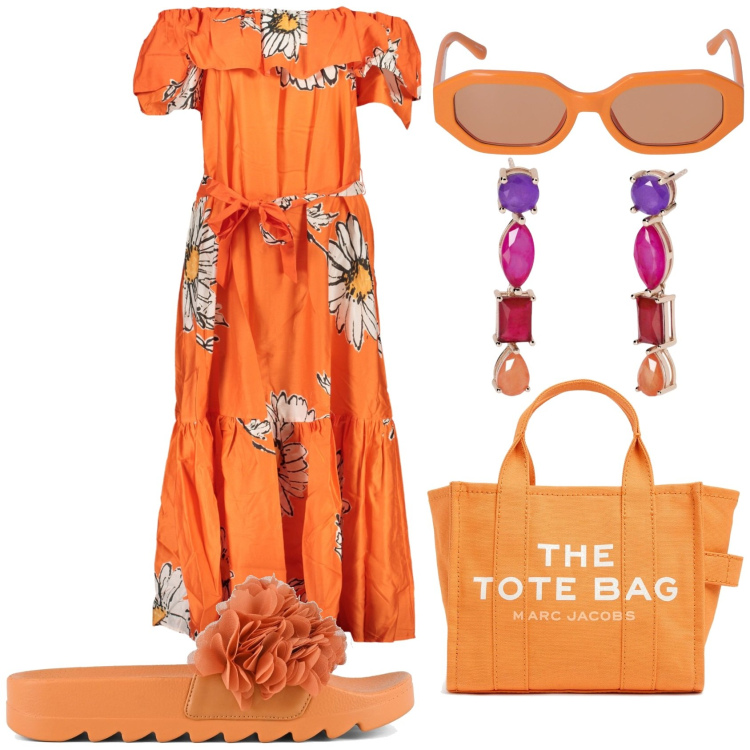 Outfit donna - Arancione con fiori. Stile Casual chic per Tutti i giorni. Abbinamento con orecchini, ciabatte, vestiti lunghi, occhiali da sole, borse tote.