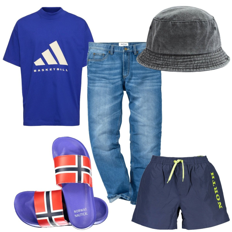 Outfit uomo - Total look #1917413. Stile Trendy per Mare. Abbinamento con jeans dritti, cappelli, sandali, costumi, t-shirt.