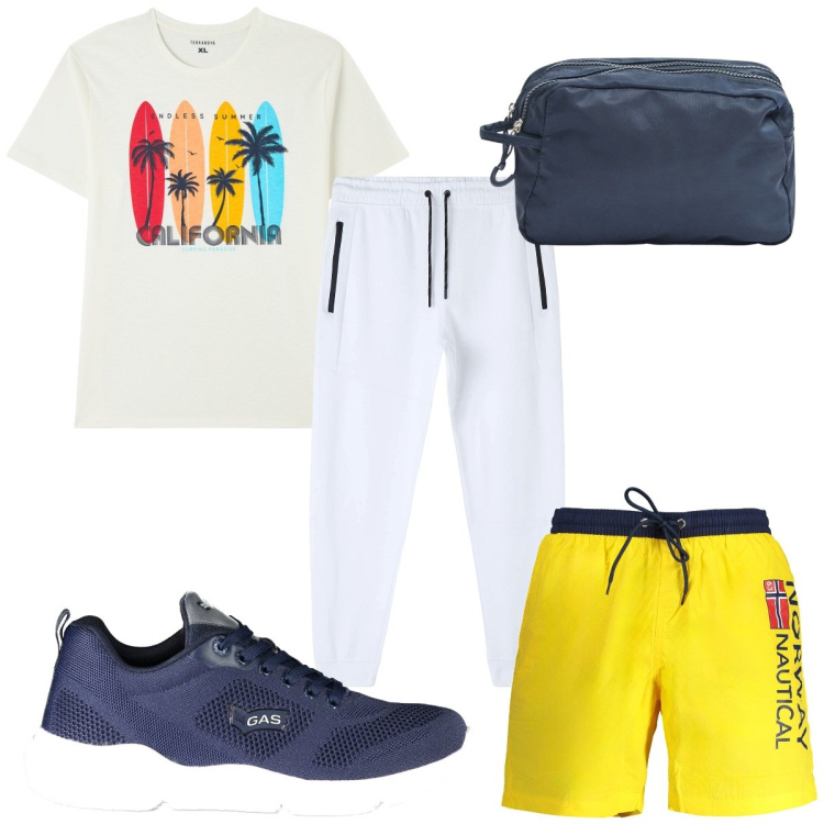 Outfit uomo - Total look #1917415. Stile Trendy per Mare. Abbinamento con t-shirt, pantaloni, borse sportive, costumi, sneakers.