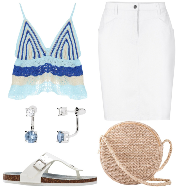 Outfit donna - Giornata calda. Stile Casual per Tutti i giorni. Abbinamento con gonne, infradito, borse a tracolla, orecchini, top.