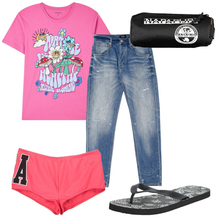Outfit uomo - Total look #1917422. Stile Trendy per Mare. Abbinamento con sandali, t-shirt, jeans dritti, borse sportive, costumi.
