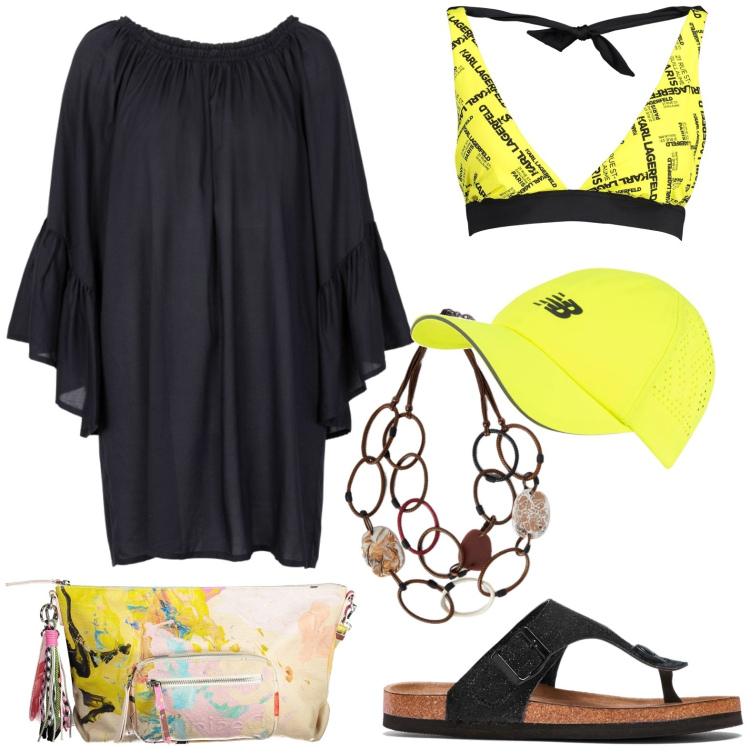 Outfit donna - Estate al mare. Stile Casual per Mare. Abbinamento con infradito, vestiti da spiaggia, cappelli, costumi, borse a tracolla, collane.