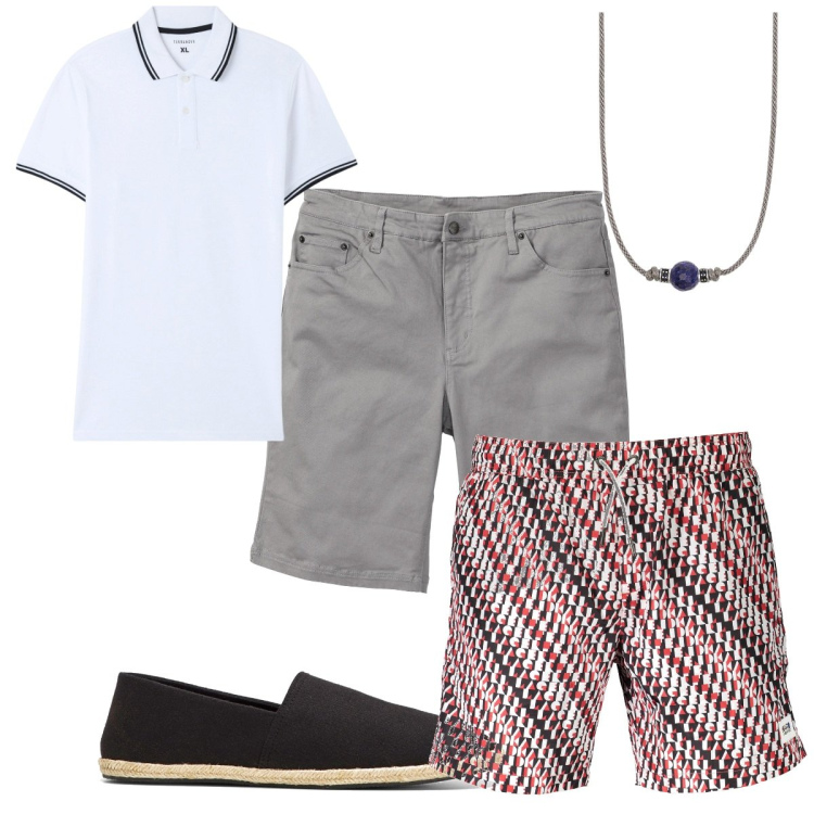 Outfit uomo - Total look #1917432. Stile Trendy per Mare. Abbinamento con espadrillas, bermuda, polo, collane, costumi.