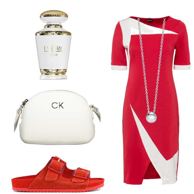 Outfit donna - Abito rosso e bianco. Stile Casual per Tutti i giorni. look ideale per Petite. Abbinamento con vestiti a tubino, profumi, collane, sandali, borse a tracolla.