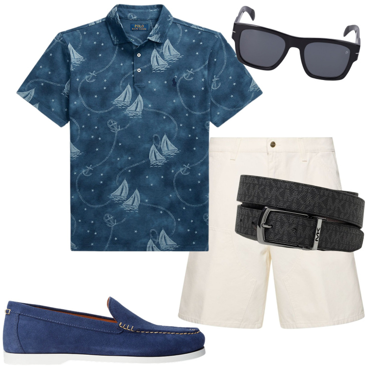 Outfit uomo - Domenica mattina. Stile Casual per Mare. Abbinamento con scarpe stringate, polo, occhiali da sole, shorts, cinture.