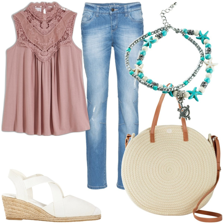 Outfit donna - Total look #1917462. Stile Boho per Tutti i giorni. Abbinamento con top, jeans boyfriend, sandali, borse a tracolla, collane.
