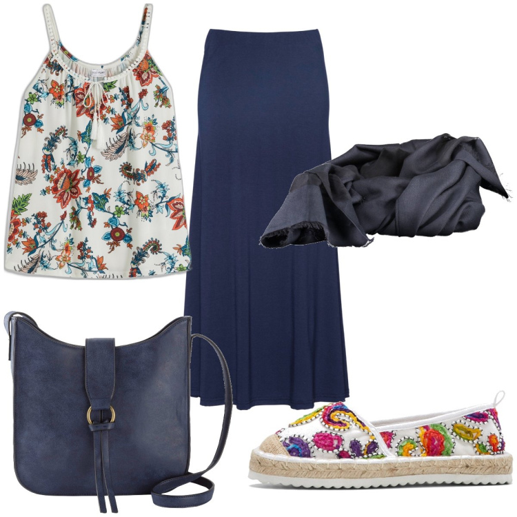 Outfit donna - Total look #1917463. Stile Basic per Tutti i giorni. Abbinamento con top, espadrillas, gonne lunghe, borse a tracolla, foulard.