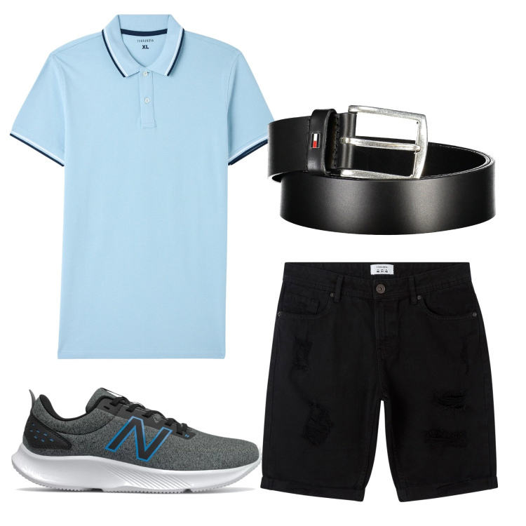 Outfit uomo - Total look. Stile Casual per Tutti i giorni. Abbinamento con bermuda, polo, sneakers, cinture.