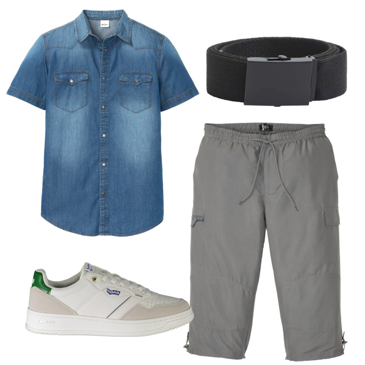 Outfit uomo - Total look. Stile Casual per Tutti i giorni. Abbinamento con camicie a manica corta, pantaloni capri, cinture, sneakers.