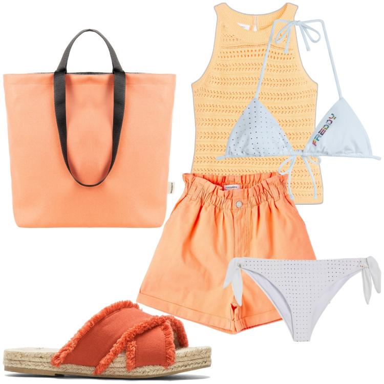 Outfit donna - Mare. Stile Casual per Tutti i giorni. look ideale per Petite. Abbinamento con ciabatte, top, shorts, borse tote, bikini, bikini.