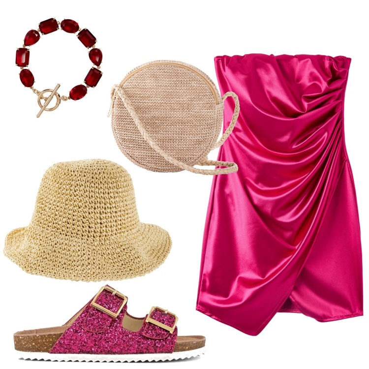 Outfit donna - Party in spiaggia. Stile Boho per Mare. look ideale per Petite. Abbinamento con cappelli, borse a tracolla, vestiti asimmetrici, braccialetti, sandali.