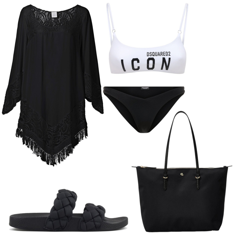 Outfit donna - In piscina. Stile Glamour per Tutti i giorni. Abbinamento con vestiti da spiaggia, borse tote, bikini, ciabatte, bikini.