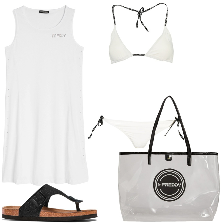 Outfit donna - In piscina o al mare. Stile Casual chic per Tutti i giorni. Abbinamento con infradito, shopping bag, vestiti senza maniche, bikini.