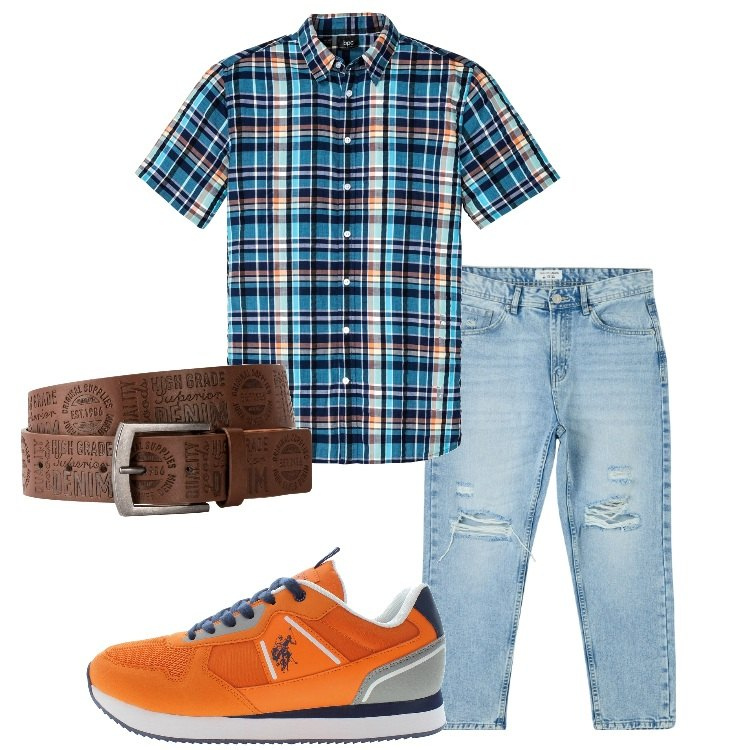 Outfit uomo - Piccoli prezzi. Stile Casual per Tutti i giorni. Abbinamento con cinture, camicie a manica corta, jeans strappati, scarpe sportive.